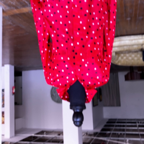 Red black-and-white silky button-down 90's top. - Picture 6 of 11